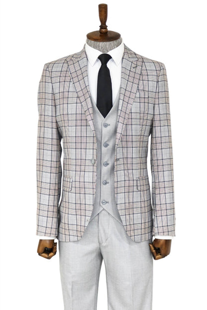 Checked Slim Fit Light Grey Men Suit and Shirt Combination