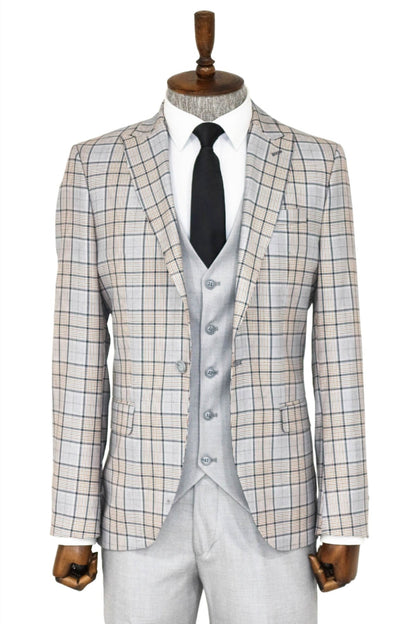 Checked Slim Fit Light Grey Men Suit and Shirt Combination