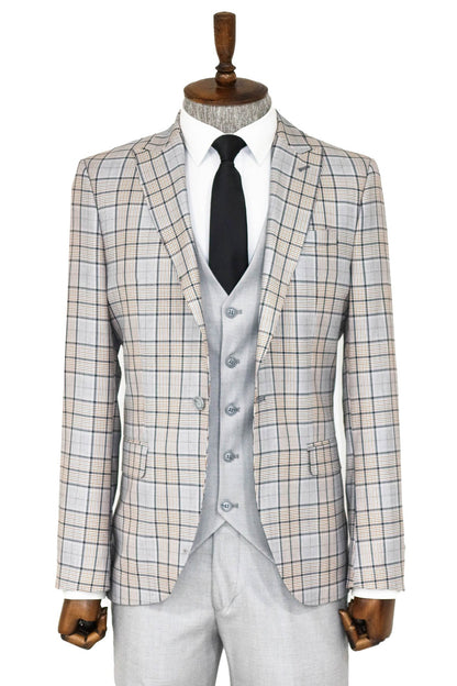 Checked Slim Fit Light Grey Men Suit and Shirt Combination