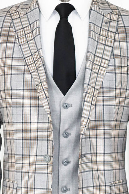 Checked Slim Fit Light Grey Men Suit and Shirt Combination