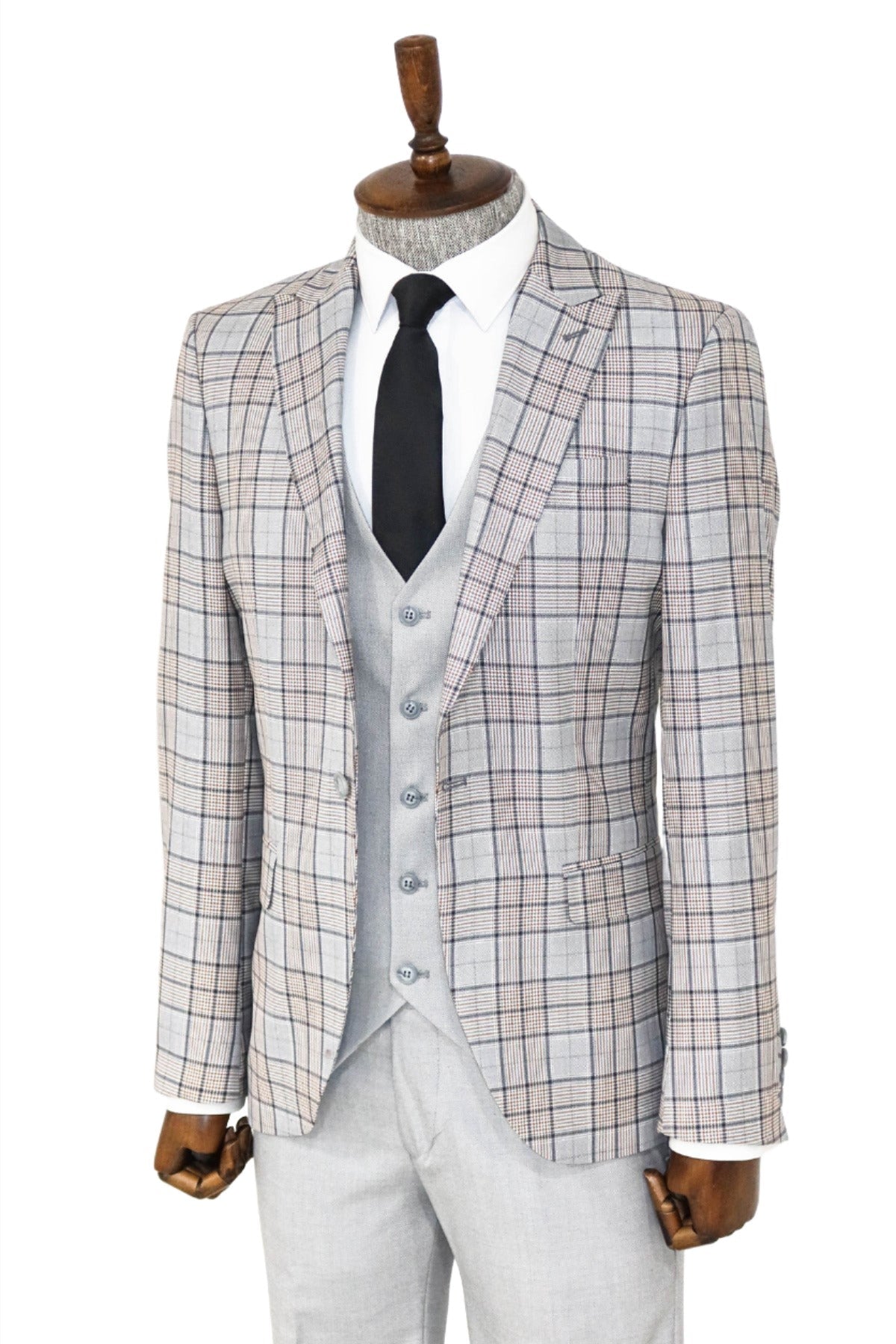 Checked Slim Fit Light Grey Men Suit and Shirt Combination