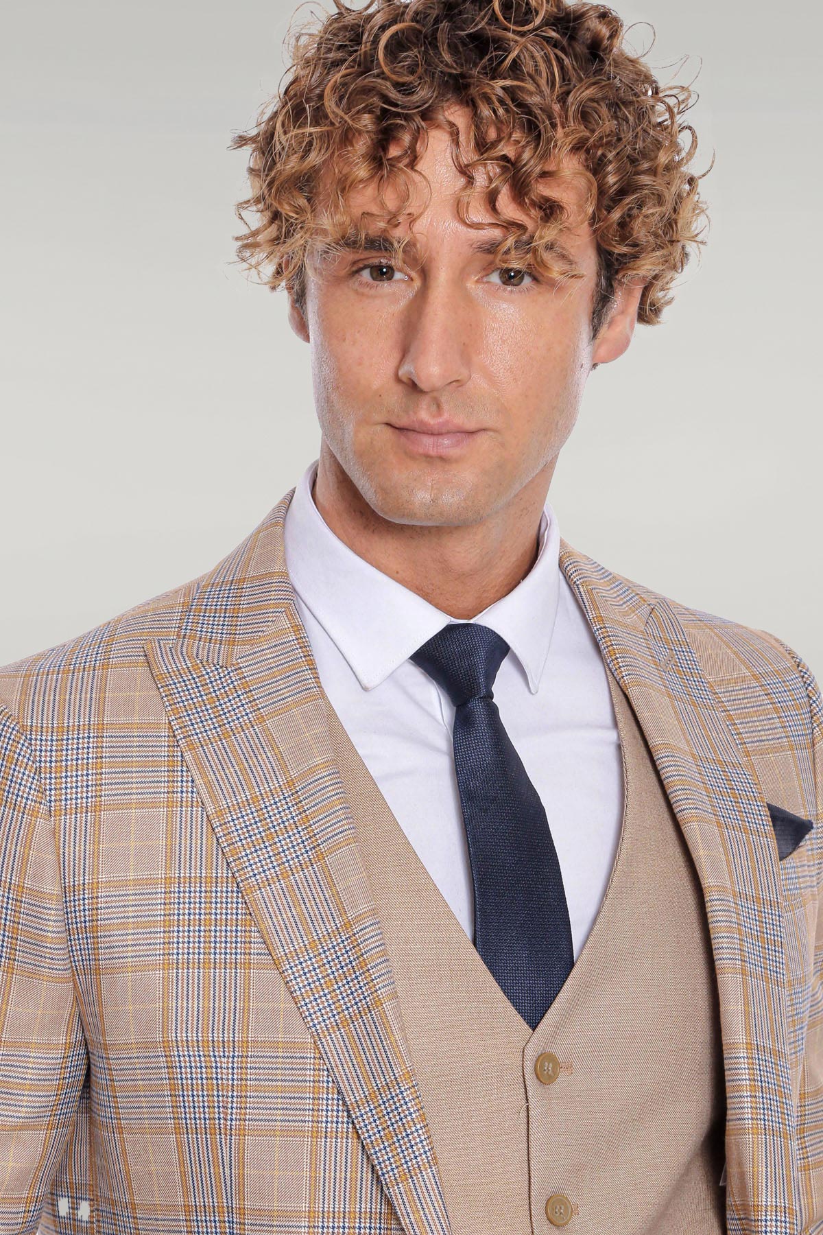 Checked Slim Fit Beige Men Suit