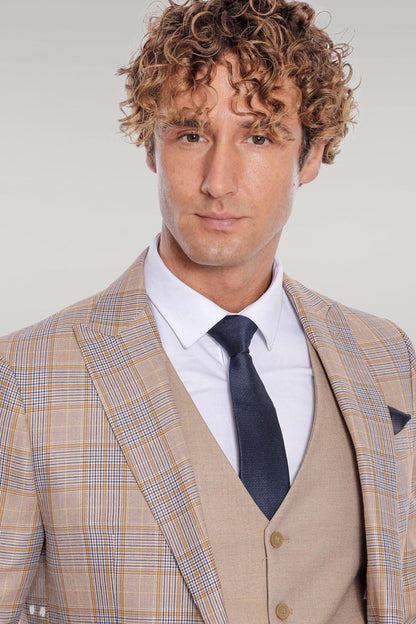 Checked Slim Fit Beige Men Suit