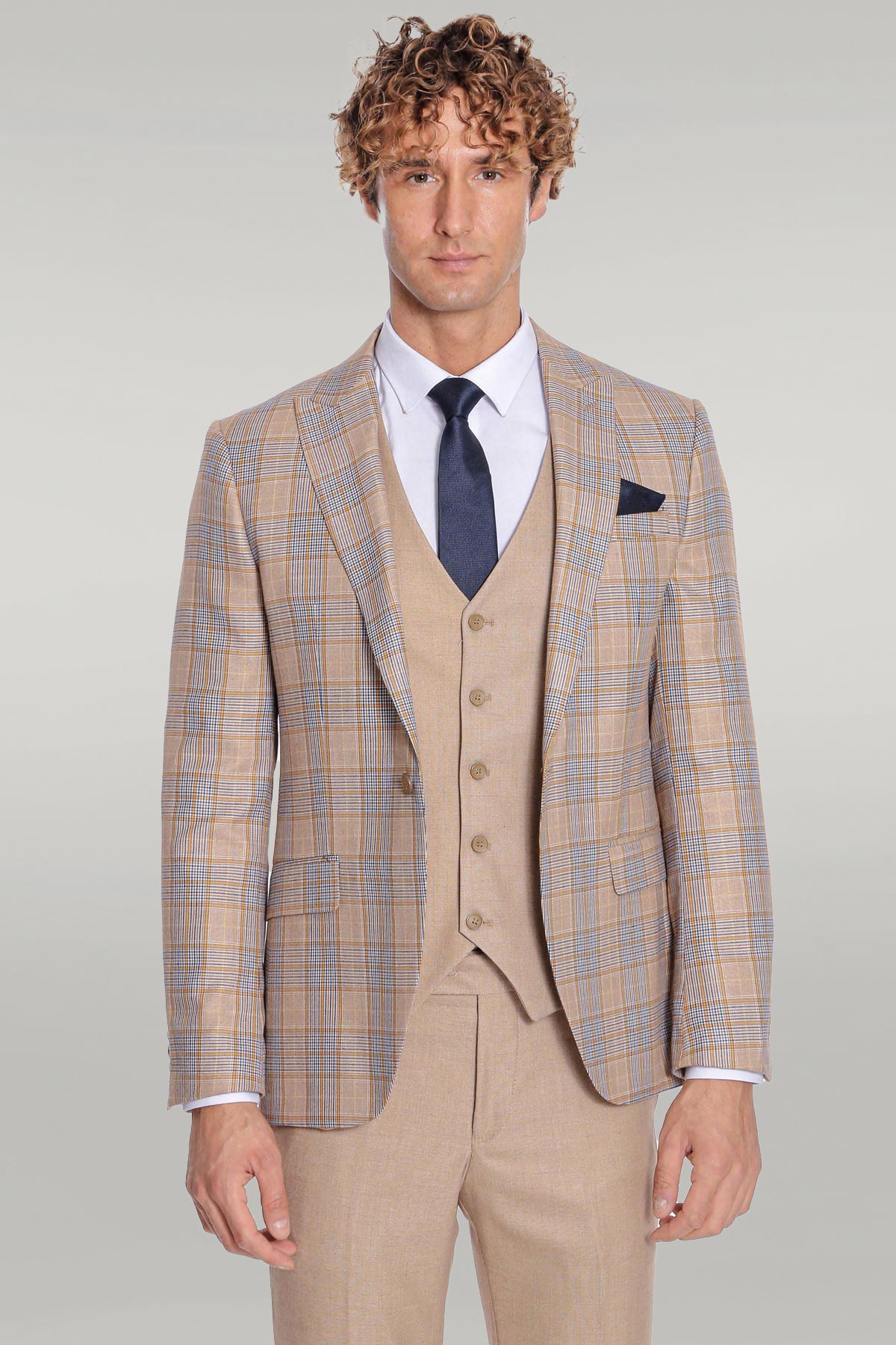 Checked Slim Fit Beige Men Suit