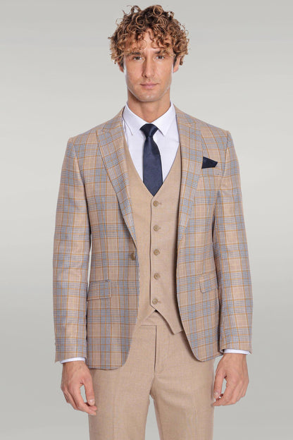 Checked Slim Fit Beige Men Suit