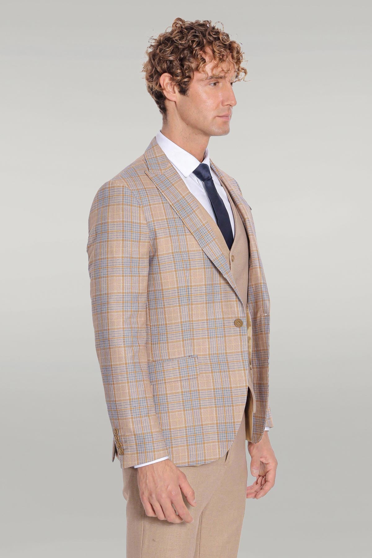 Checked Slim Fit Beige Men Suit