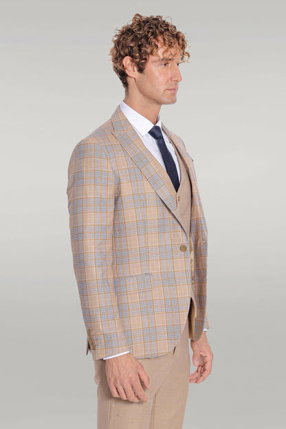 Checked Slim Fit Beige Men Suit