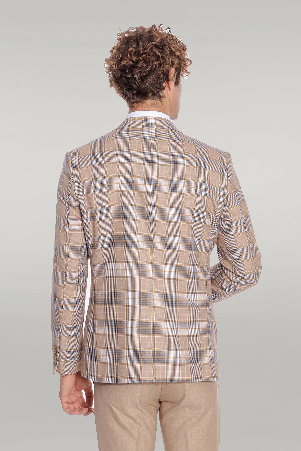 Checked Slim Fit Beige Men Suit