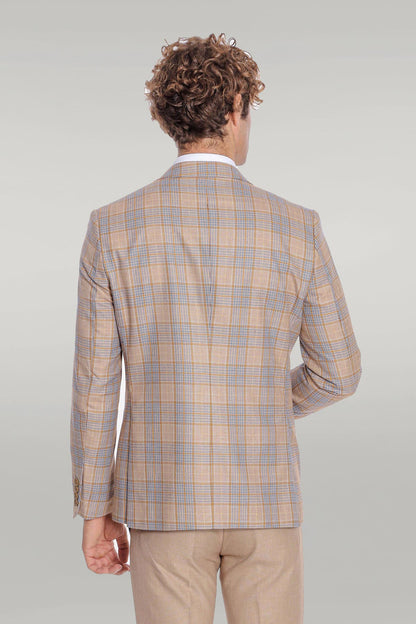 Checked Slim Fit Beige Men Suit