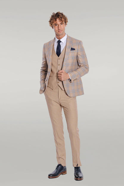 Checked Slim Fit Beige Men Suit