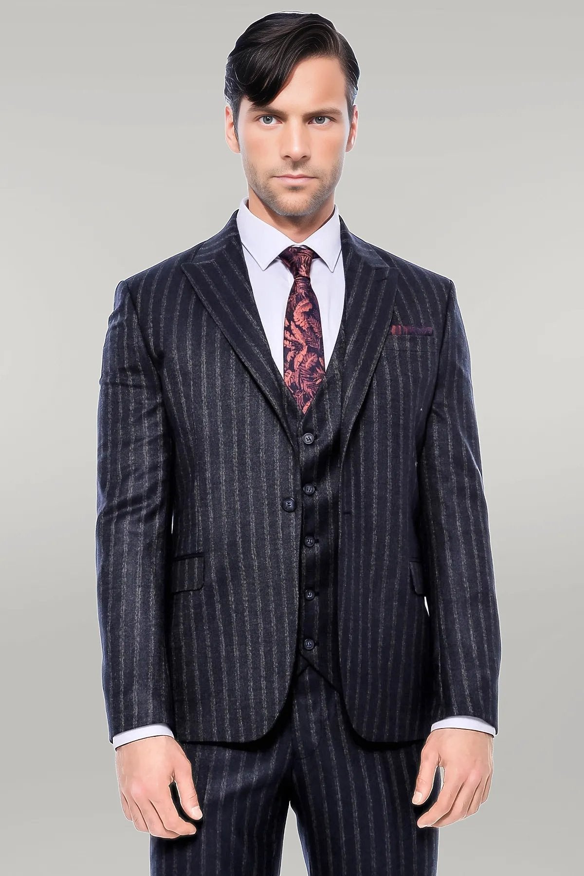 KOALA SYDNEY  Navy Blue Striped Men's Vested Slim-Fit Suit -