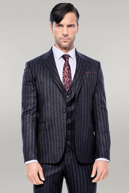 KOALA SYDNEY  Navy Blue Striped Men's Vested Slim-Fit Suit -