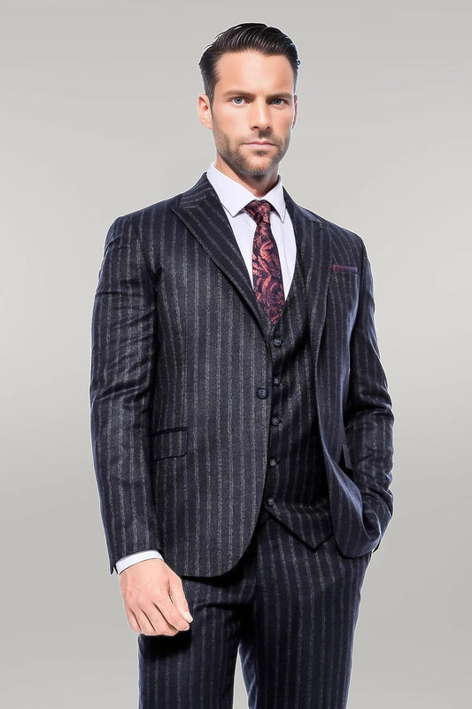 KOALA SYDNEY  Navy Blue Striped Men's Vested Slim-Fit Suit -