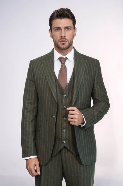 KOALA SYDNEY  Green Striped Slim-Fit Vested Suit -