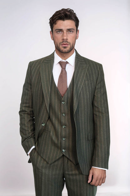 KOALA SYDNEY  Green Striped Slim-Fit Vested Suit -