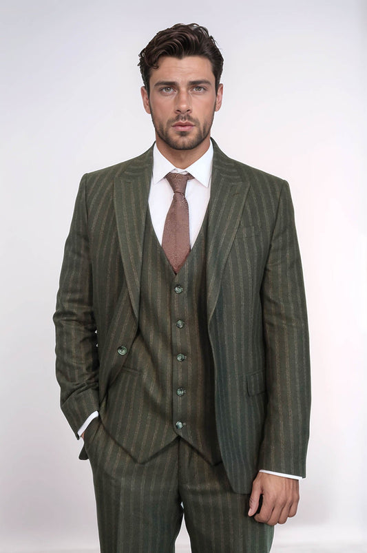 KOALA SYDNEY  Green Striped Slim-Fit Vested Suit -