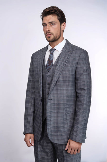 KOALA SYDNEY  Patterned Vested Slim-Fit Navy Blue Men Suit -