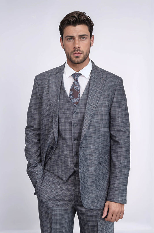 KOALA SYDNEY  Patterned Vested Slim-Fit Navy Blue Men Suit -
