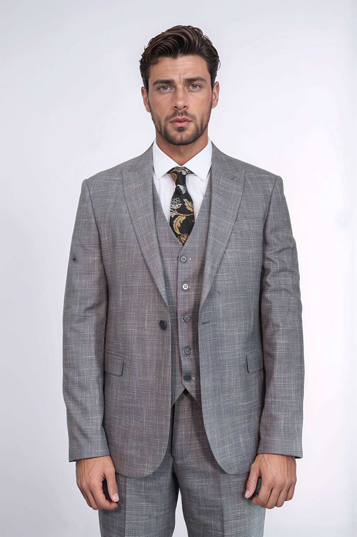 Patterned Vested Slim-Fit Grey Men Suit -