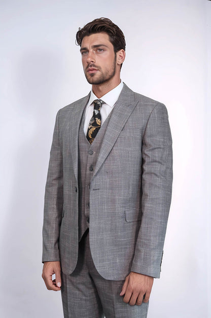Patterned Vested Slim-Fit Grey Men Suit -