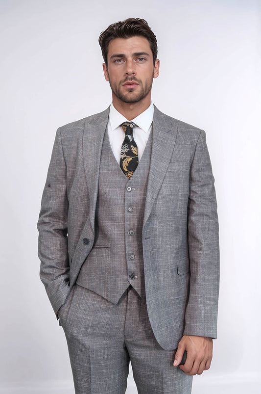 Patterned Vested Slim-Fit Grey Men Suit -