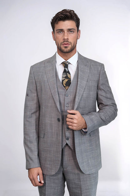 Patterned Vested Slim-Fit Grey Men Suit -