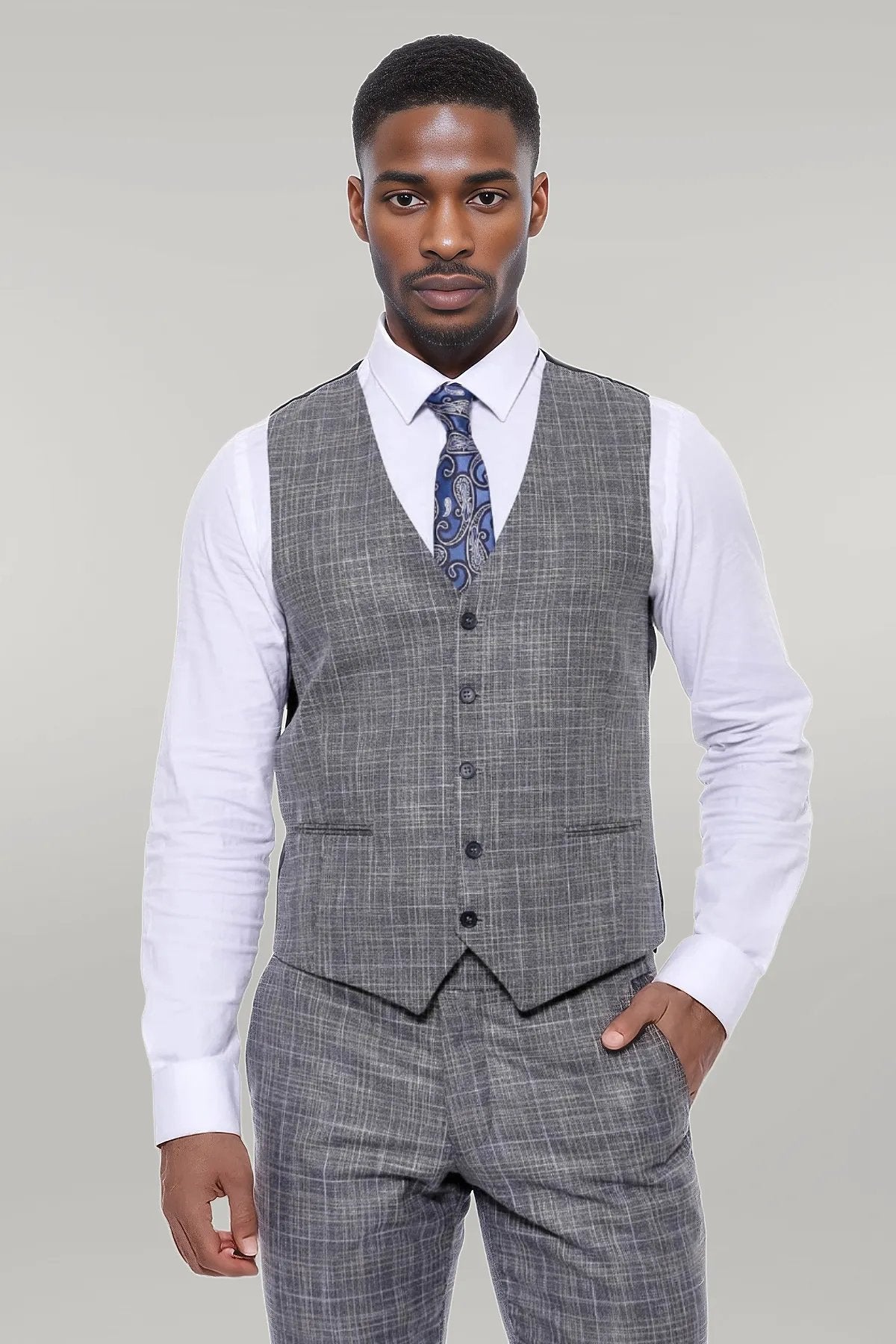 Patterned Vested Slim-Fit Dark Grey Men’s Suit -