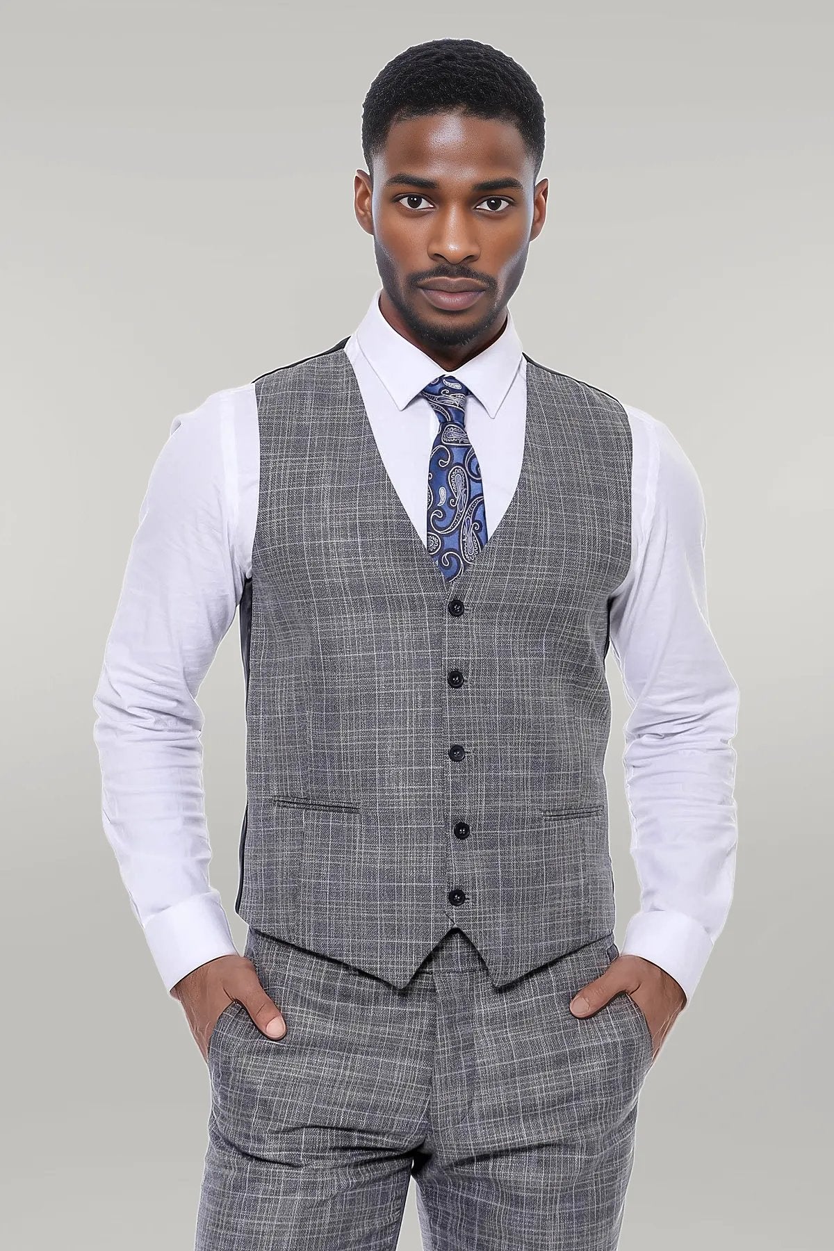 Patterned Vested Slim-Fit Dark Grey Men’s Suit -
