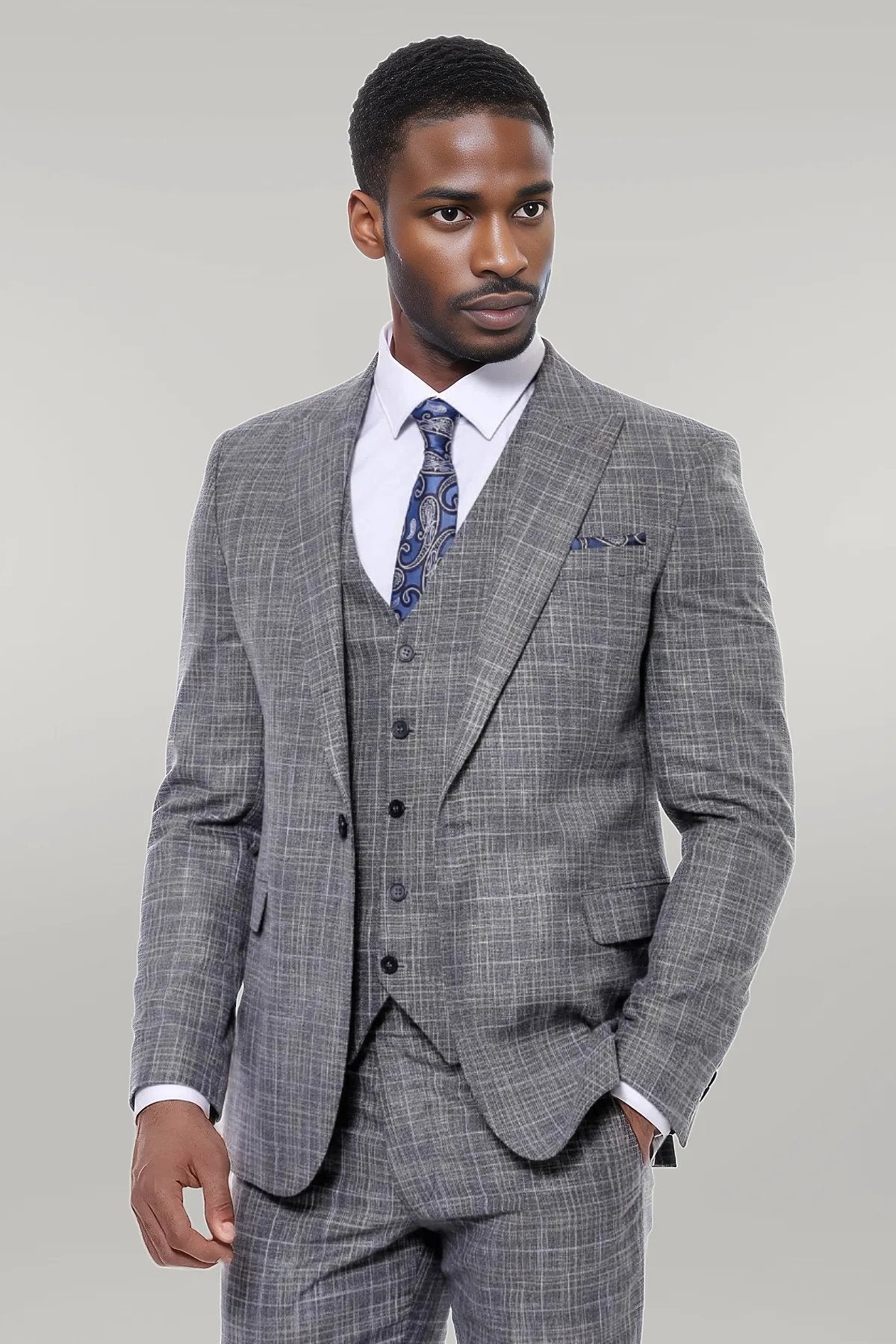 Patterned Vested Slim-Fit Dark Grey Men’s Suit -
