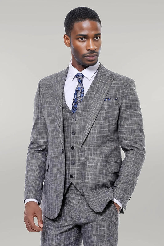 Patterned Vested Slim-Fit Dark Grey Men’s Suit -