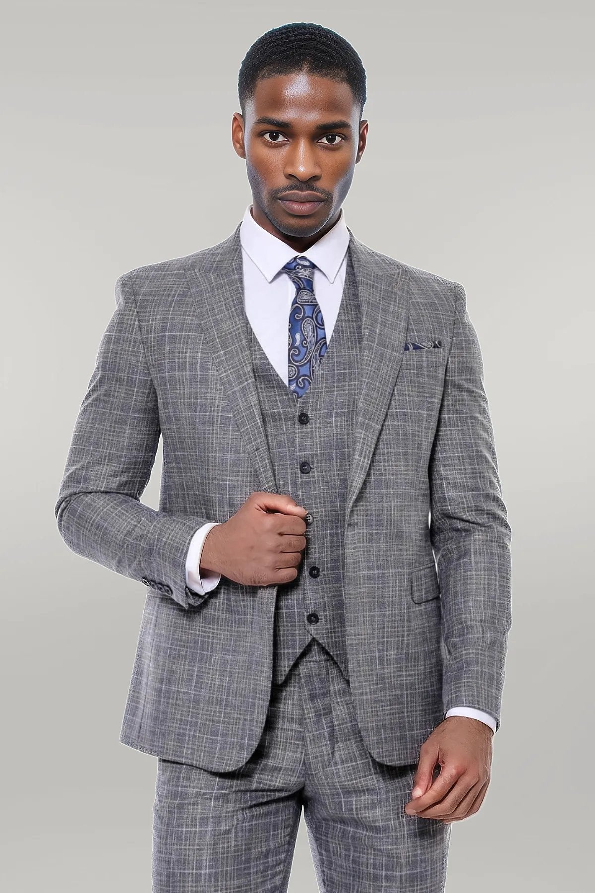 Patterned Vested Slim-Fit Dark Grey Men’s Suit -