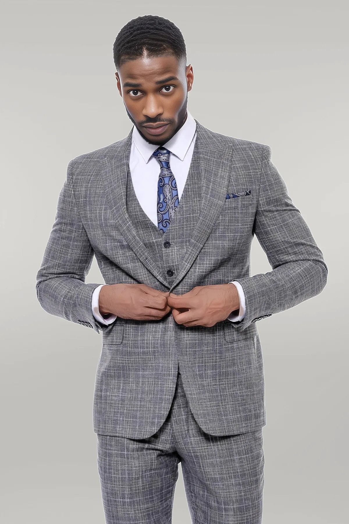 Patterned Vested Slim-Fit Dark Grey Men’s Suit -