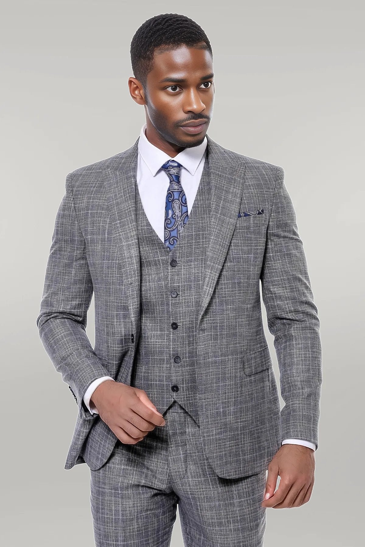 Patterned Vested Slim-Fit Dark Grey Men’s Suit -