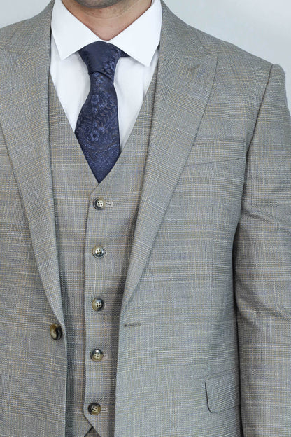 Patterned Vested Slim-Fit Beige Men’s Suit