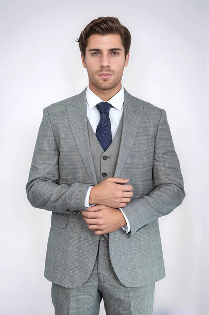 Patterned Vested Slim-Fit Beige Men’s Suit