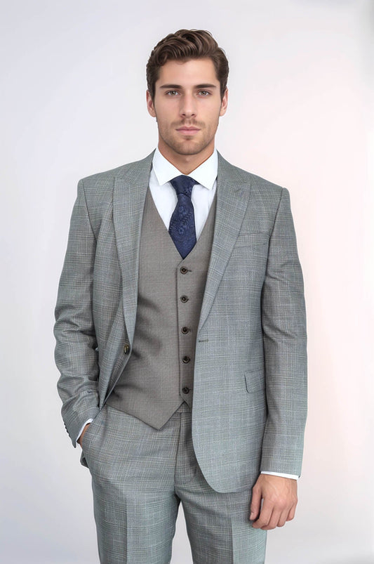 Patterned Vested Slim-Fit Beige Men’s Suit