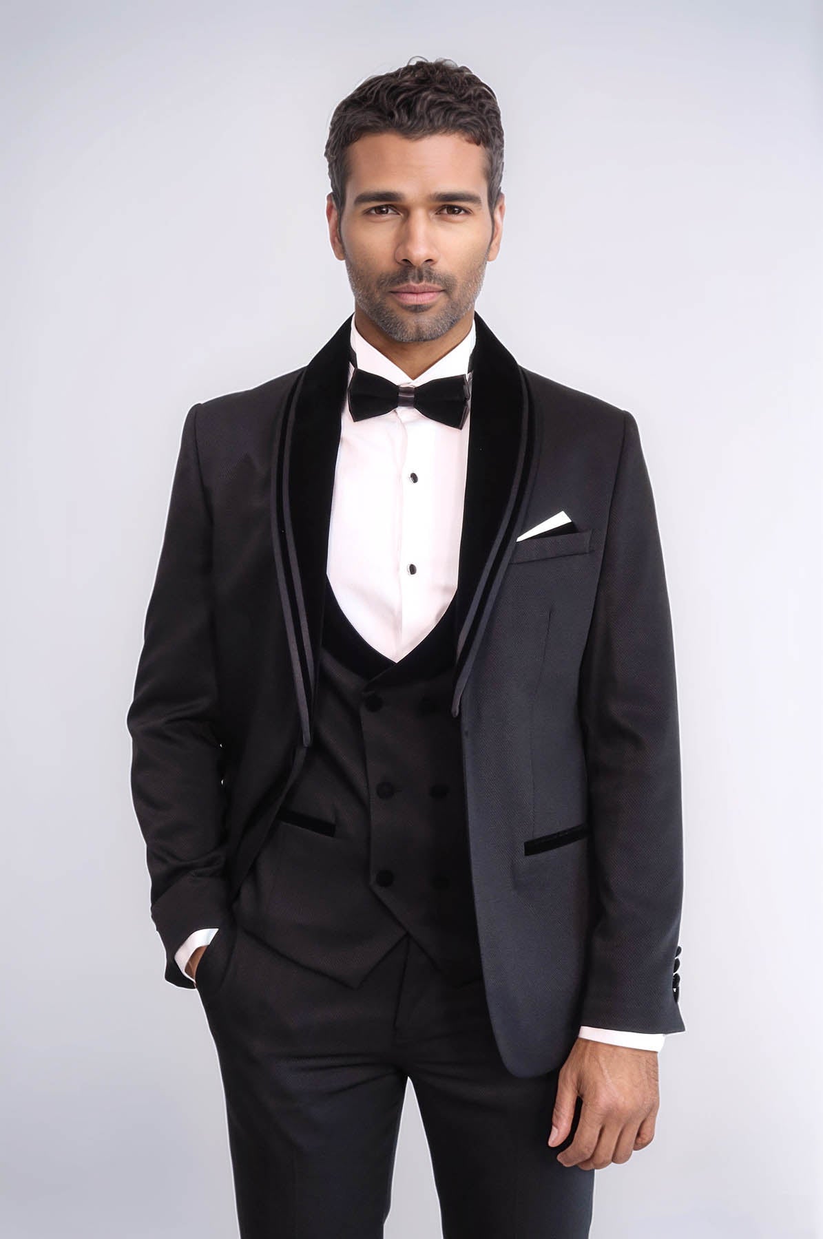 KOALA SYDNEY  3 Piece Trim Detailed Self-Patterned Velvet Shawl Collar Black Men's Tuxedo