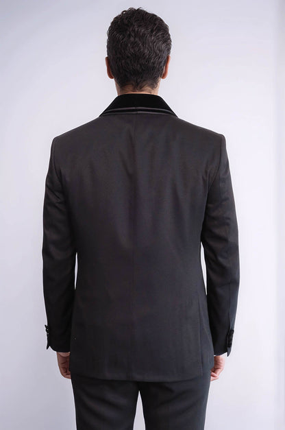 3 Piece Trim Detailed Self-Patterned Velvet Shawl Collar Black Men's Tuxedo