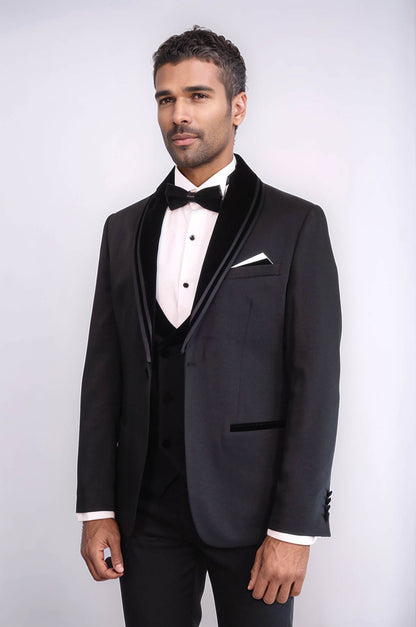 KOALA SYDNEY  3 Piece Trim Detailed Self-Patterned Velvet Shawl Collar Black Men's Tuxedo