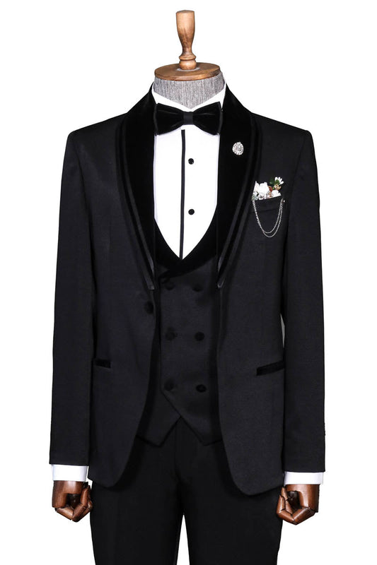 KOALA SYDNEY  Black Velvet and Trim-Detail Waistcoat Tuxedo with White Shirt Look Evening Event Style