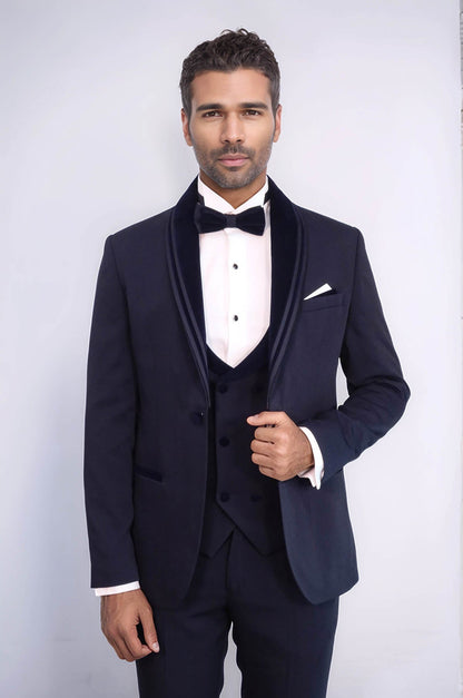 KOALA SYDNEY  3 Piece Trim Detailed Self-Patterned Velvet Shawl Collar Navy Blue Men's Tuxedo