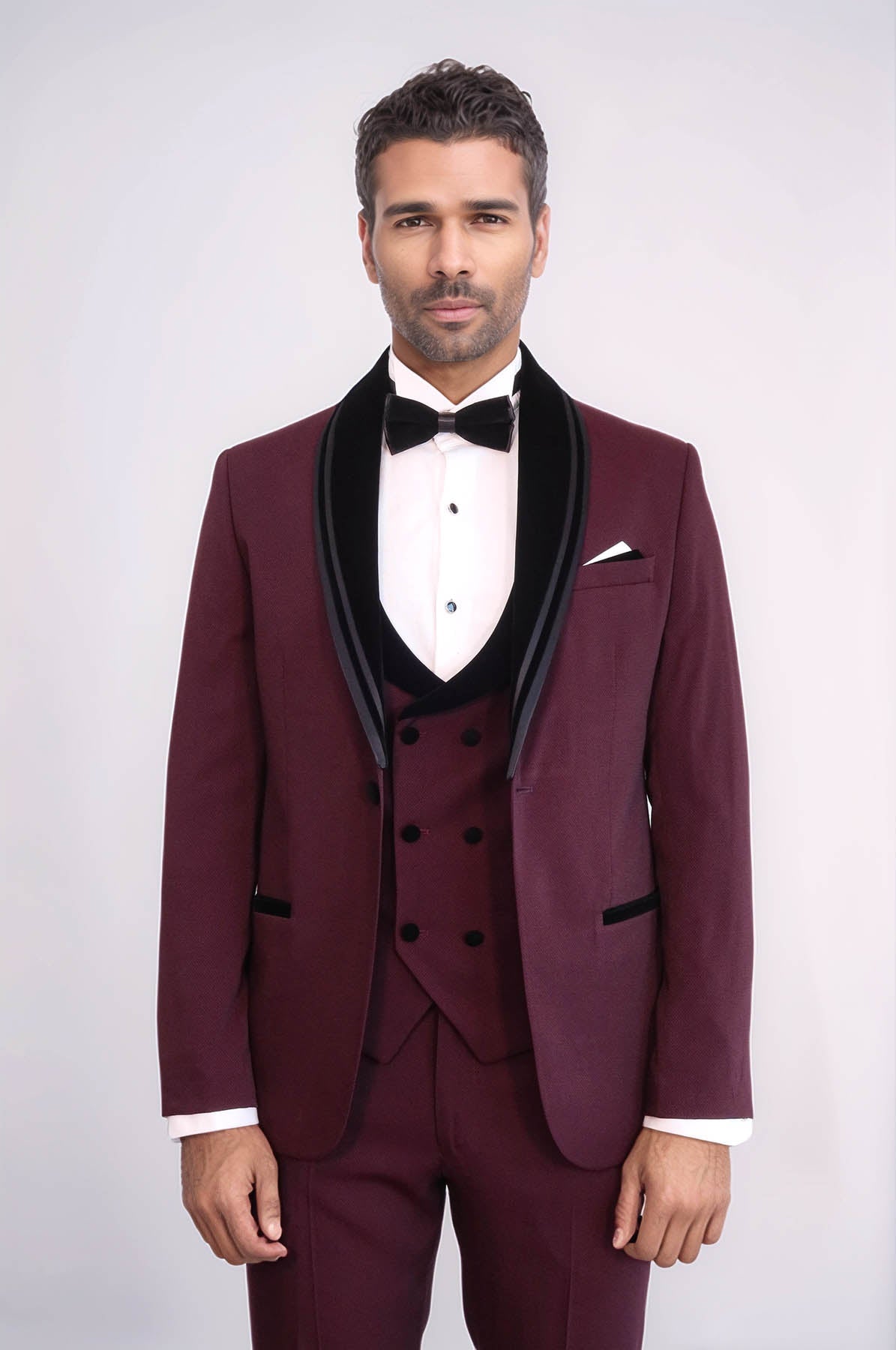 KOALA SYDNEY  3 Piece Trim Detailed Self-Patterned Velvet Shawl Collar Burgundy Men's Tuxedo
