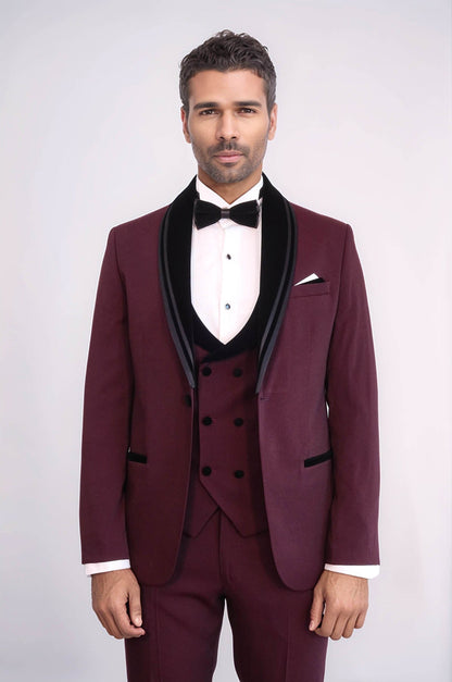 KOALA SYDNEY  3 Piece Trim Detailed Self-Patterned Velvet Shawl Collar Burgundy Men's Tuxedo