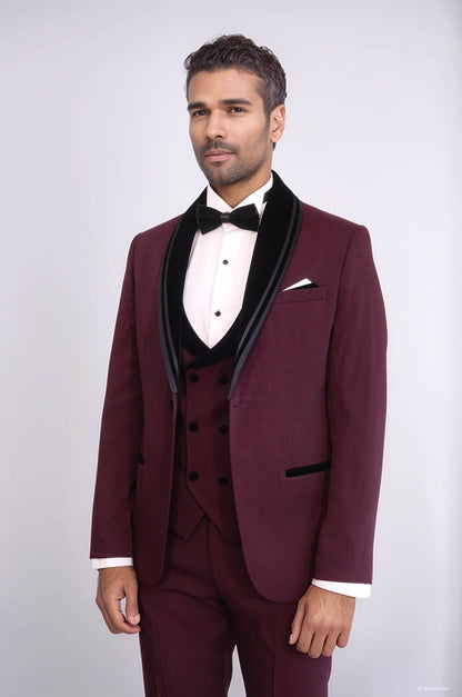 KOALA SYDNEY  3 Piece Trim Detailed Self-Patterned Velvet Shawl Collar Burgundy Men's Tuxedo