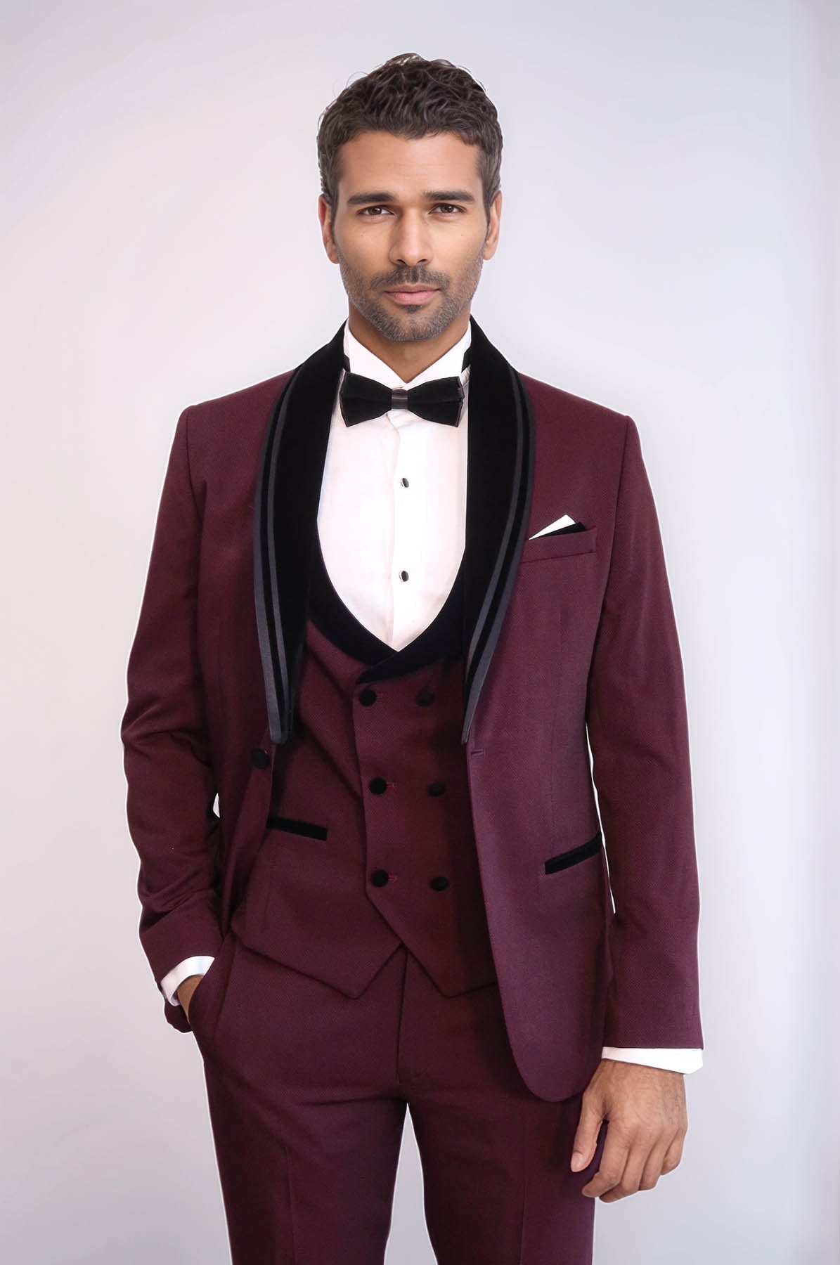 KOALA SYDNEY  3 Piece Trim Detailed Self-Patterned Velvet Shawl Collar Burgundy Men's Tuxedo