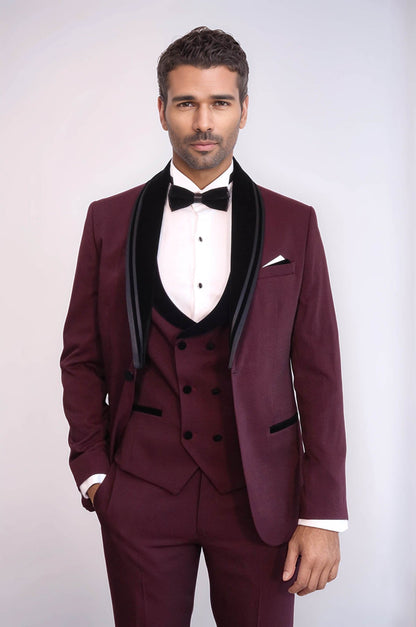 KOALA SYDNEY  3 Piece Trim Detailed Self-Patterned Velvet Shawl Collar Burgundy Men's Tuxedo