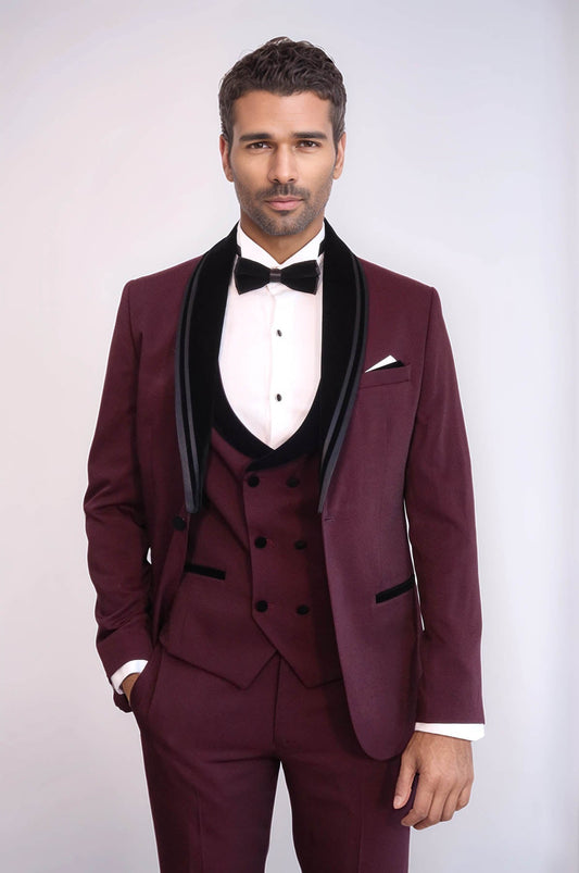 KOALA SYDNEY  3 Piece Trim Detailed Self-Patterned Velvet Shawl Collar Burgundy Men's Tuxedo