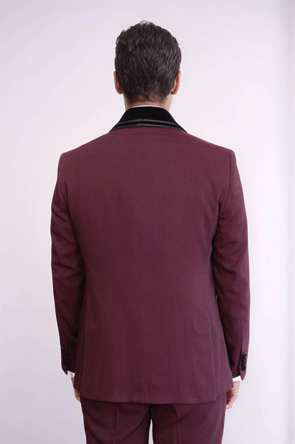 KOALA SYDNEY  3 Piece Trim Detailed Self-Patterned Velvet Shawl Collar Burgundy Men's Tuxedo