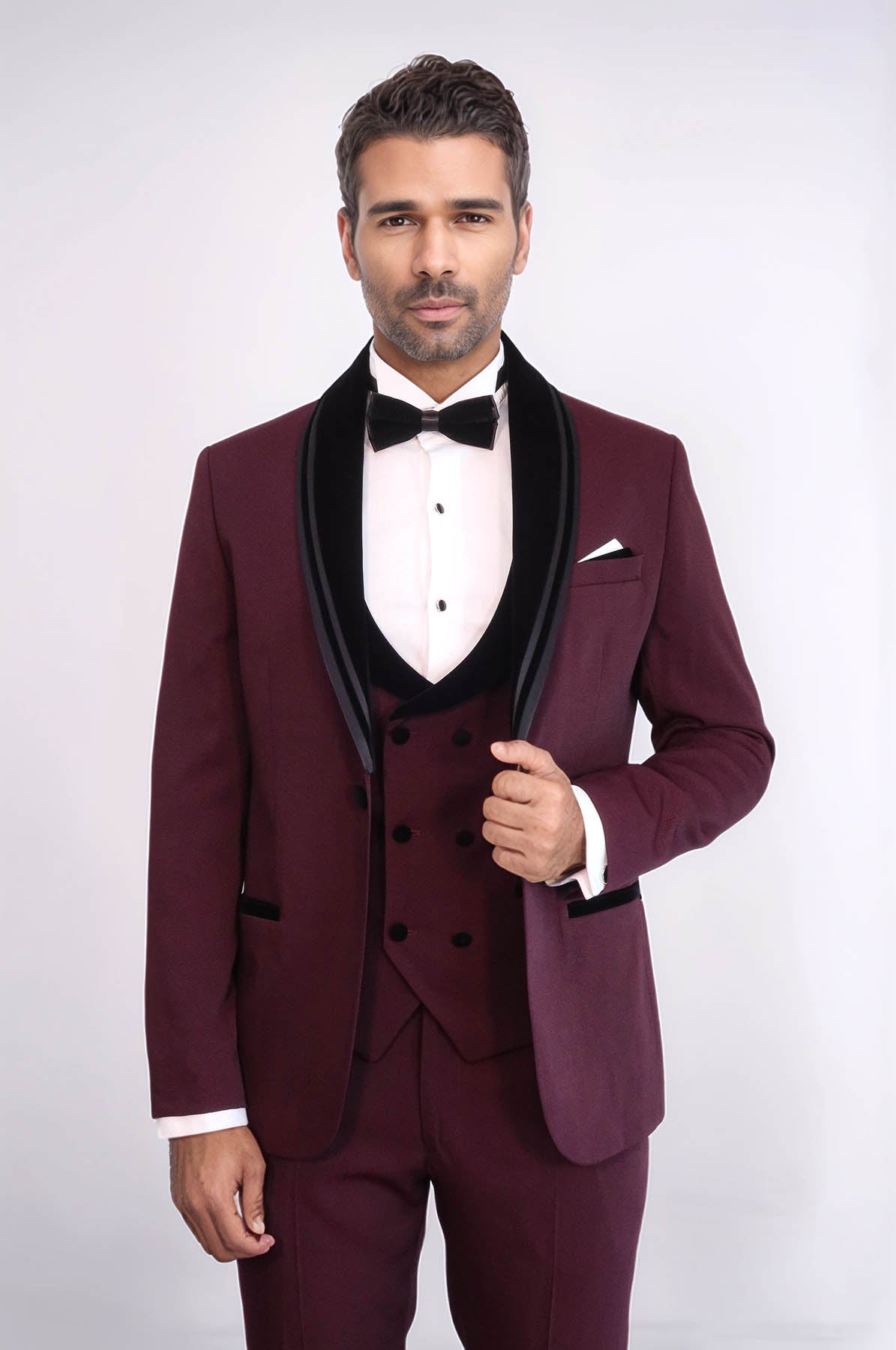 KOALA SYDNEY  3 Piece Trim Detailed Self-Patterned Velvet Shawl Collar Burgundy Men's Tuxedo
