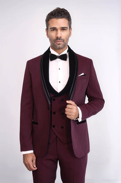 KOALA SYDNEY  3 Piece Trim Detailed Self-Patterned Velvet Shawl Collar Burgundy Men's Tuxedo